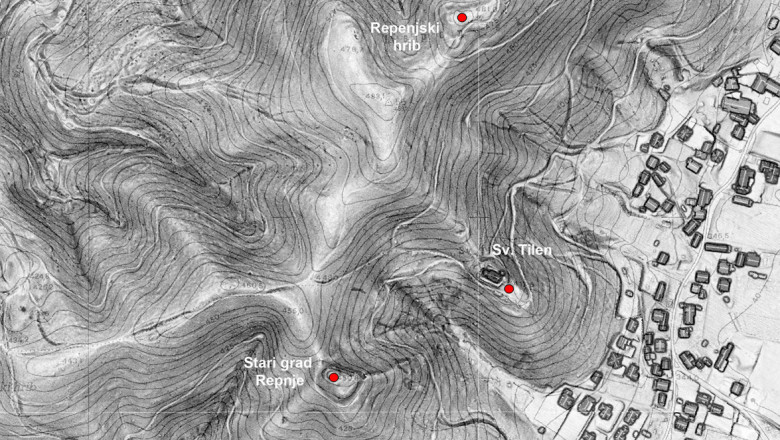 Arheološko zanimive lokacije nad Repnjami na Digitalnem modelu površja SVF (ZLS) in Temeljnem topografskem načrtu - TTN5 (izdelal: A. Gaspari)