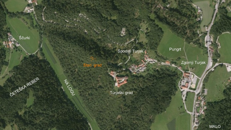 Lokacija Starega gradu na ortogonalnem posnetku Turjaka z okolico (vir: ARSO, Atlas okolja; izdelal: J. Soklič).