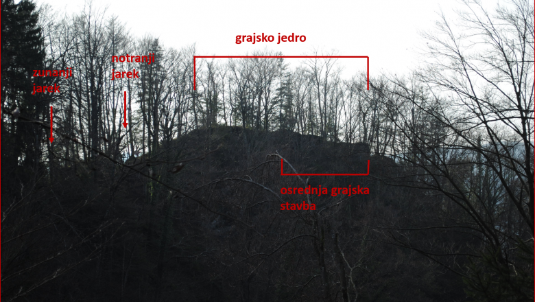 Silhueta Starega gradu Turjak, pogled s ceste v Podturjak proti jugozahodu. November 2014 (foto: T. Jerina).